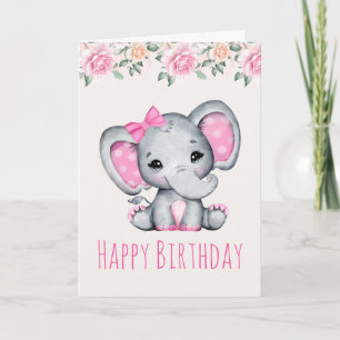 Rosa Baby-Elefant und Rosen-Rahmen-Geburtstag Karte