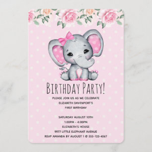 Rosa Baby-Elefant und Rosenrand Baby Shower Einladung