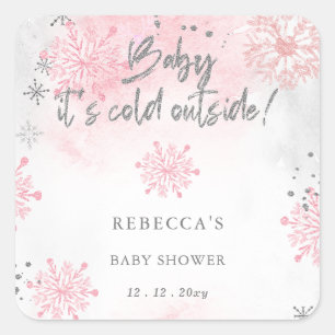 Rosa Baby, es ist kalt draußen Winter-Baby-Party Quadratischer Aufkleber