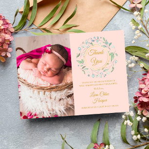Rosa Baby-Foto-Grüner Dankeschön-Geburt Ankündigungspostkarte
