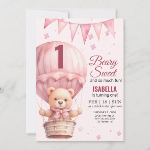 Rosa Baby Mädchen Luftballon Teddybär Geburtstag Einladung