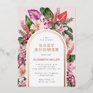Rosa Baby Shower mit tropischem Thema Folieneinladung