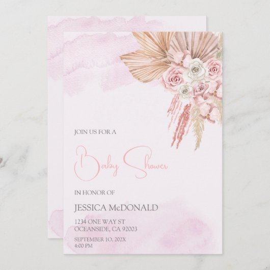 Rosa Babydusche Einladung (Vorne/Hinten)