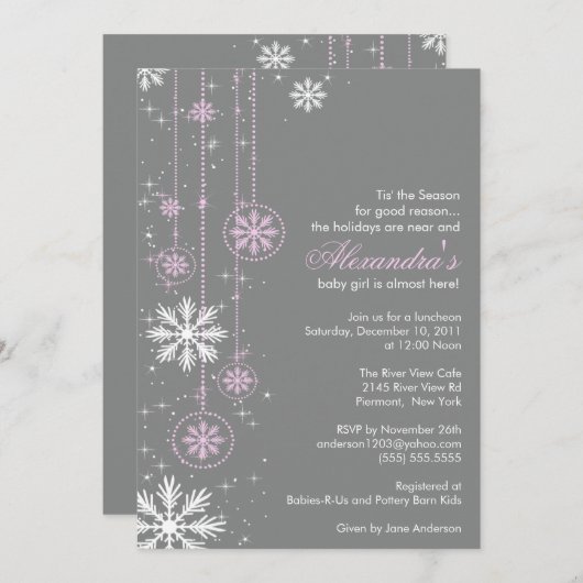 Rosa Babyparty-Einladungs-Winter-Schneeflocken Einladung (Vorne/Hinten)