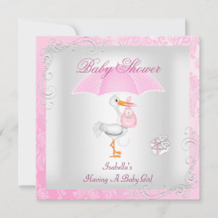 Rosa Babyparty Mädchen Regenschirm Damast Einladung