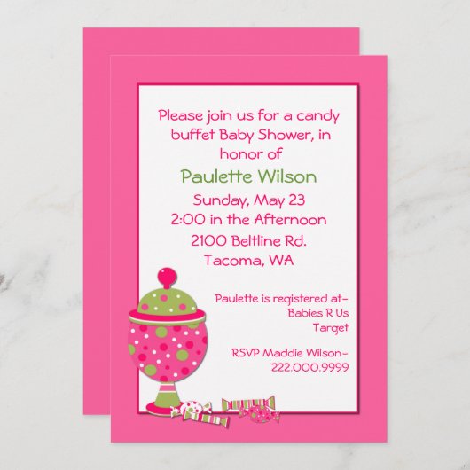 Rosa Babyparty-Süßigkeits-Buffet-Einladung Einladung (Vorne/Hinten)