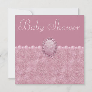 Rosa Babyparty Vintage Cameo & Perlen Einladung