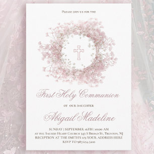 Rosa Baby's Breath-Blumen Erste heilige Kommunion Einladung