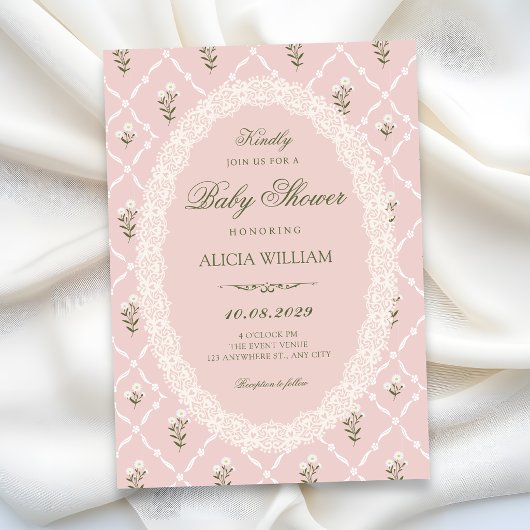 Rosa Babyshower mit Blumenmuster Einladung