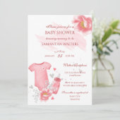 Rosa Babytrampe Flasche Blume Babydusche Einladung (Stehend Vorderseite)