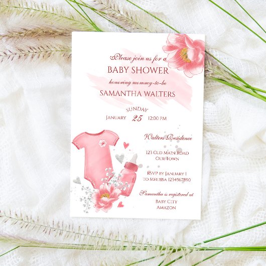 Rosa Babytrampe Flasche Blume Babydusche Einladung