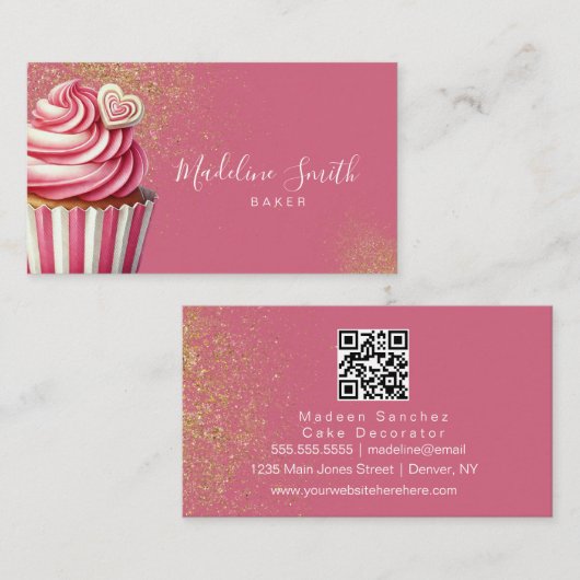 Rosa Bäckerei Glitzer Cupcakes Barcode Visitenkarte (Vorne/Hinten)