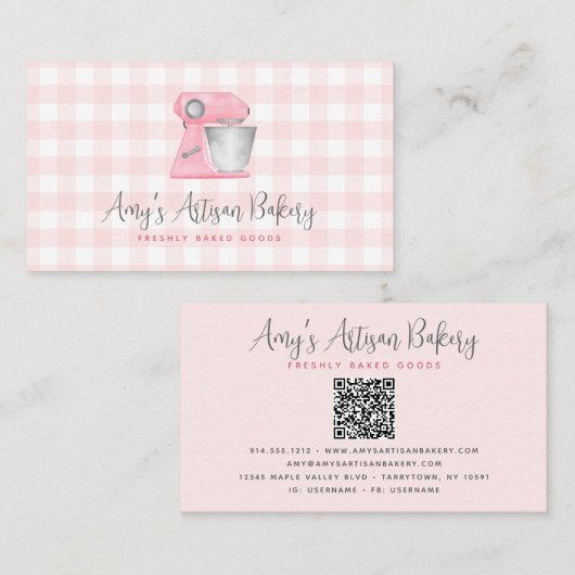 Rosa Backmischermaschinen-QR-Code-Gingham-Muster Visitenkarte (Vorne/Hinten)