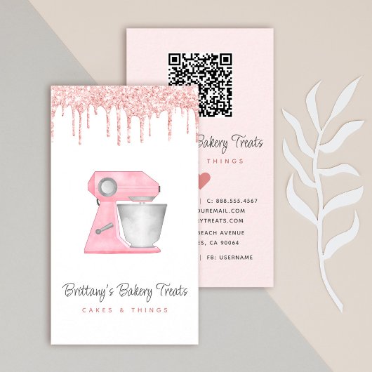 Rosa Backmischermixer Glittertropfen QR-Code Visitenkarte