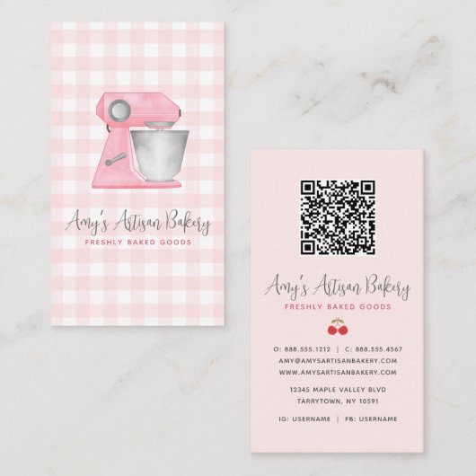 Rosa Backmischermuster Gingham QR-Code Visitenkarte (Vorne/Hinten)