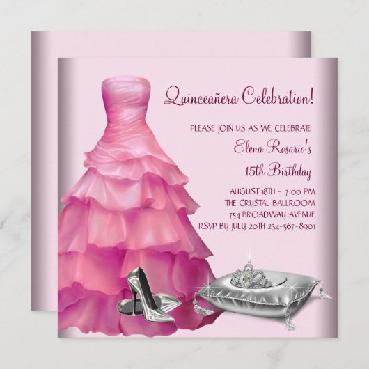 Rosa Ball Gown High Heel Shoes Pink Quinceanera Einladung (Vorne/Hinten)