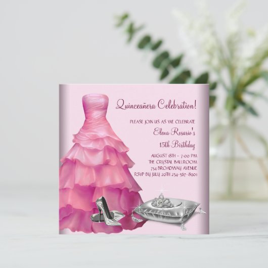 Rosa Ball Gown High Heel Shoes Pink Quinceanera Einladung (Stehend Vorderseite)
