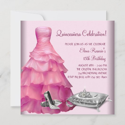 Rosa Ball Gown High Heel Shoes Pink Quinceanera Einladung (Vorderseite)