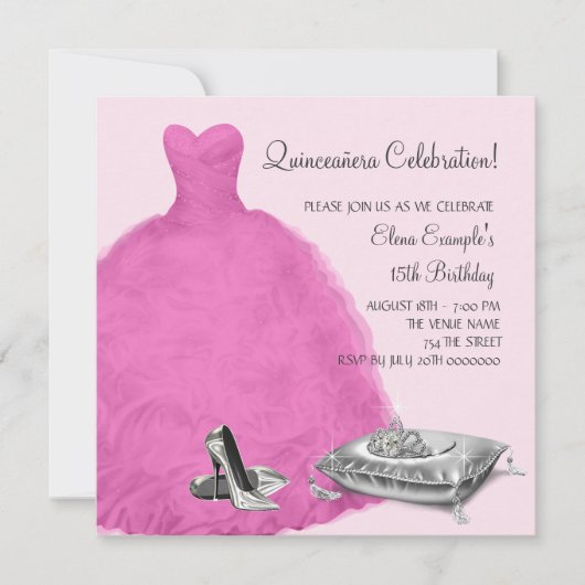Rosa Ball Gown High Heel Shoes Pink Quinceanera Einladung (Vorderseite)