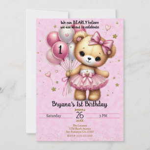 Rosa Ballerina Bär Glitter Ballon 1. Geburtstag Einladung