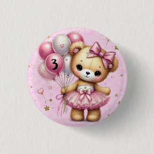 Rosa Ballerina-Bär-Glitterballon-Birthday-Girl Button
