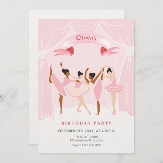 Rosa Ballerina Geburtstag Einladung (Vorne/Hinten)