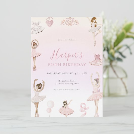 Rosa Ballerina Geburtstagsparty Einladung (Stehend Vorderseite)