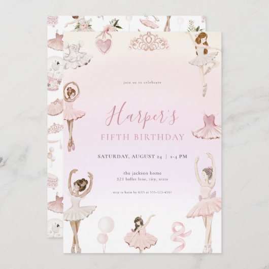 Rosa Ballerina Geburtstagsparty Einladung (Vorne/Hinten)