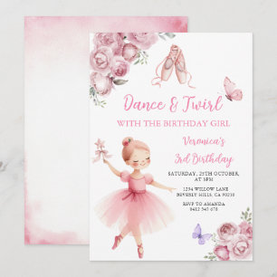 Rosa Ballerina Tanz- und Dreh-3. Geburtstag Einladung