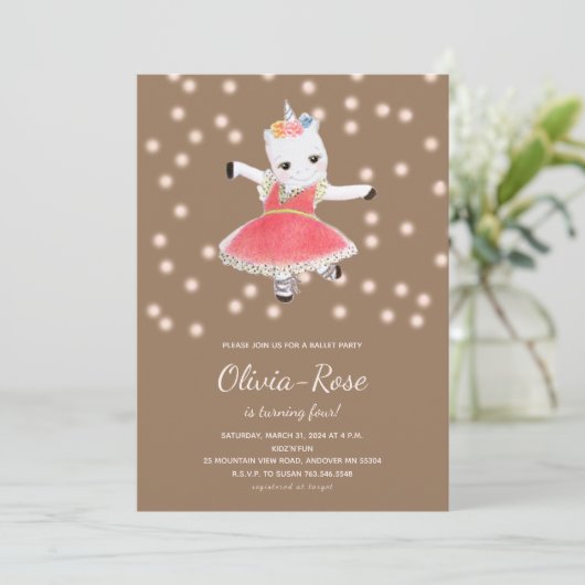 Rosa Ballerina Unicorn Girl Birthday Einladung (Stehend Vorderseite)