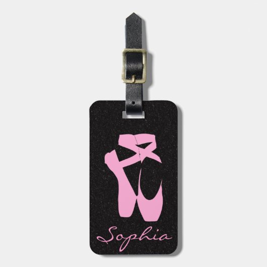Rosa Ballett-Pantoffel auf schwarzem Gepäckanhänger (Vorderseite vertikal)