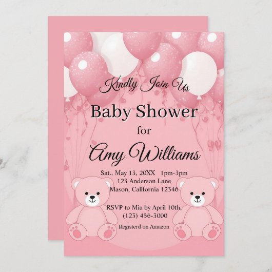 Rosa Ballon Babydusche Einladung (Vorne/Hinten)