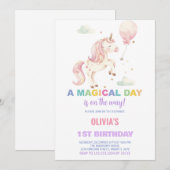 Rosa Ballon Einhorn Einladung zum Geburtstag (Vorne/Hinten)