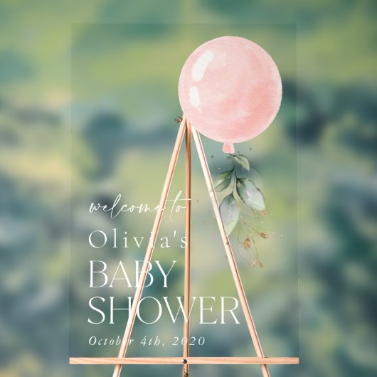 Rosa Ballon, Eukalyptus, Babydusche Willkommen Acrylschild (Neutral)