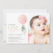 Rosa Ballon, Eukalyptus, Grüne, Erster Geburtstag Einladung (Vorderseite)