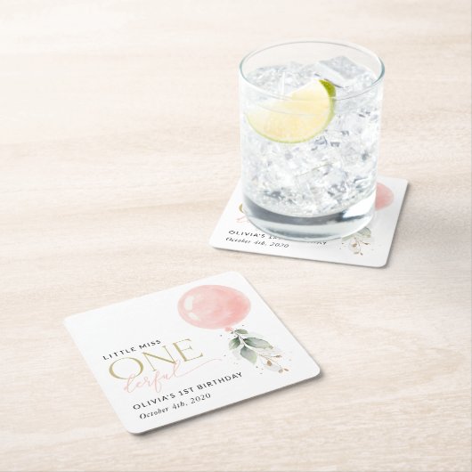 Rosa Ballon, Eukalyptus, Grüne, Erster Geburtstag Rechteckiger Pappuntersetzer (Vor Ort)