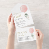 Rosa Ballon, Eukalyptus, Grünpflanzen, Babydusche All In One Einladung (Abreißen)