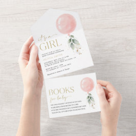 Rosa Ballon, Eukalyptus, Grünpflanzen, Babydusche All In One Einladung