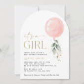 Rosa Ballon, Eukalyptus, Grünpflanzen, Babydusche Einladung (Vorderseite)