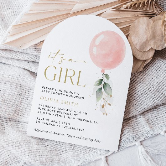 Rosa Ballon, Eukalyptus, Grünpflanzen, Babydusche Einladung