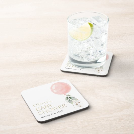 Rosa Ballon, Eukalyptus, Grünpflanzen, Babydusche Getränkeuntersetzer (Rechte Seite)