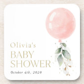 Rosa Ballon, Eukalyptus, Grünpflanzen, Babydusche Getränkeuntersetzer (Vorderseite)