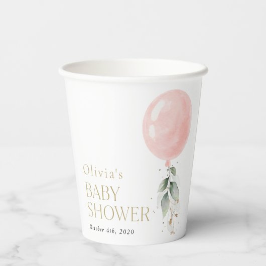 Rosa Ballon, Eukalyptus, Grünpflanzen, Babydusche Pappbecher (Rückseite)