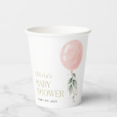 Rosa Ballon, Eukalyptus, Grünpflanzen, Babydusche Pappbecher (Vorderseite)