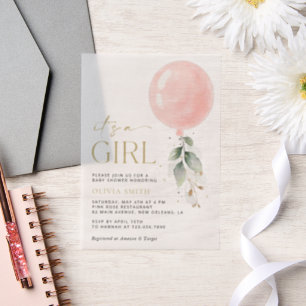 Rosa Ballon, Eukalyptus, Grünpflanzen, Babydusche Pergament Einladungen