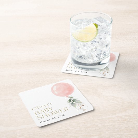 Rosa Ballon, Eukalyptus, Grünpflanzen, Babydusche Rechteckiger Pappuntersetzer (Vor Ort)