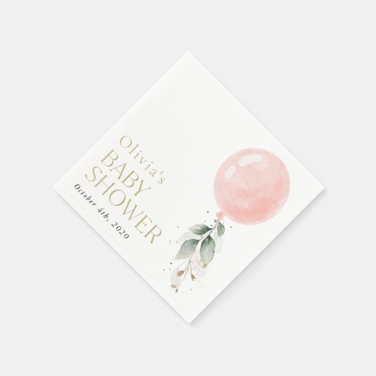 Rosa Ballon, Eukalyptus, Grünpflanzen, Babydusche Serviette (Ecke)