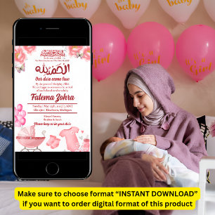 Rosa Ballon Kinderwagen Baby Mädchen Muslim Geburt Einladung
