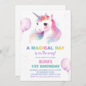 Rosa Ballons Einhorn Einladung zum Geburtstag (Vorne/Hinten)