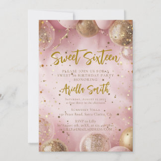 Rosa Ballons Sweet 16 goldenes Konfetti Einladung